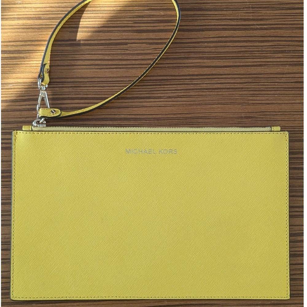 Michael Kors Wristlet Pouch Yellow Saffiano Leather Slim Zip Clutch Womens Small
